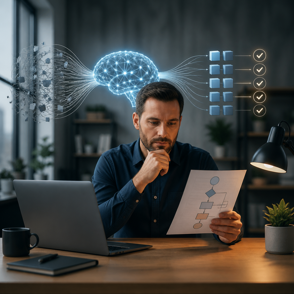 A professional in a modern office, with a subtle AI-inspired background