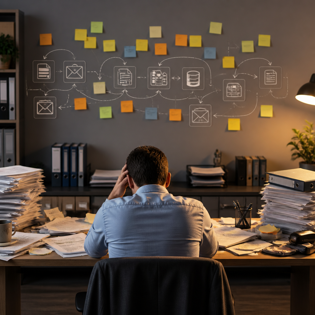Operations manager reviewing connected workflows and manual tasks to identify business inefficiencies