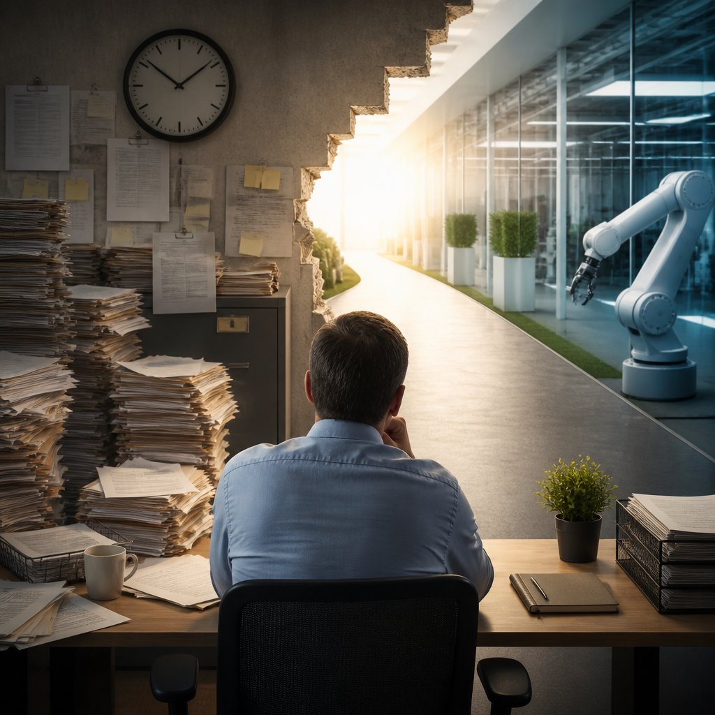 Operations manager reviewing interconnected workflow documents, representing the hidden time cost of repeated manual processes.